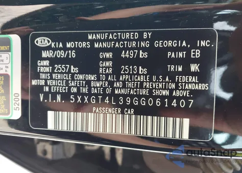 2016 Kia Optima Lx из США, поврежденный, VIN 5XXGT4L39GG061407